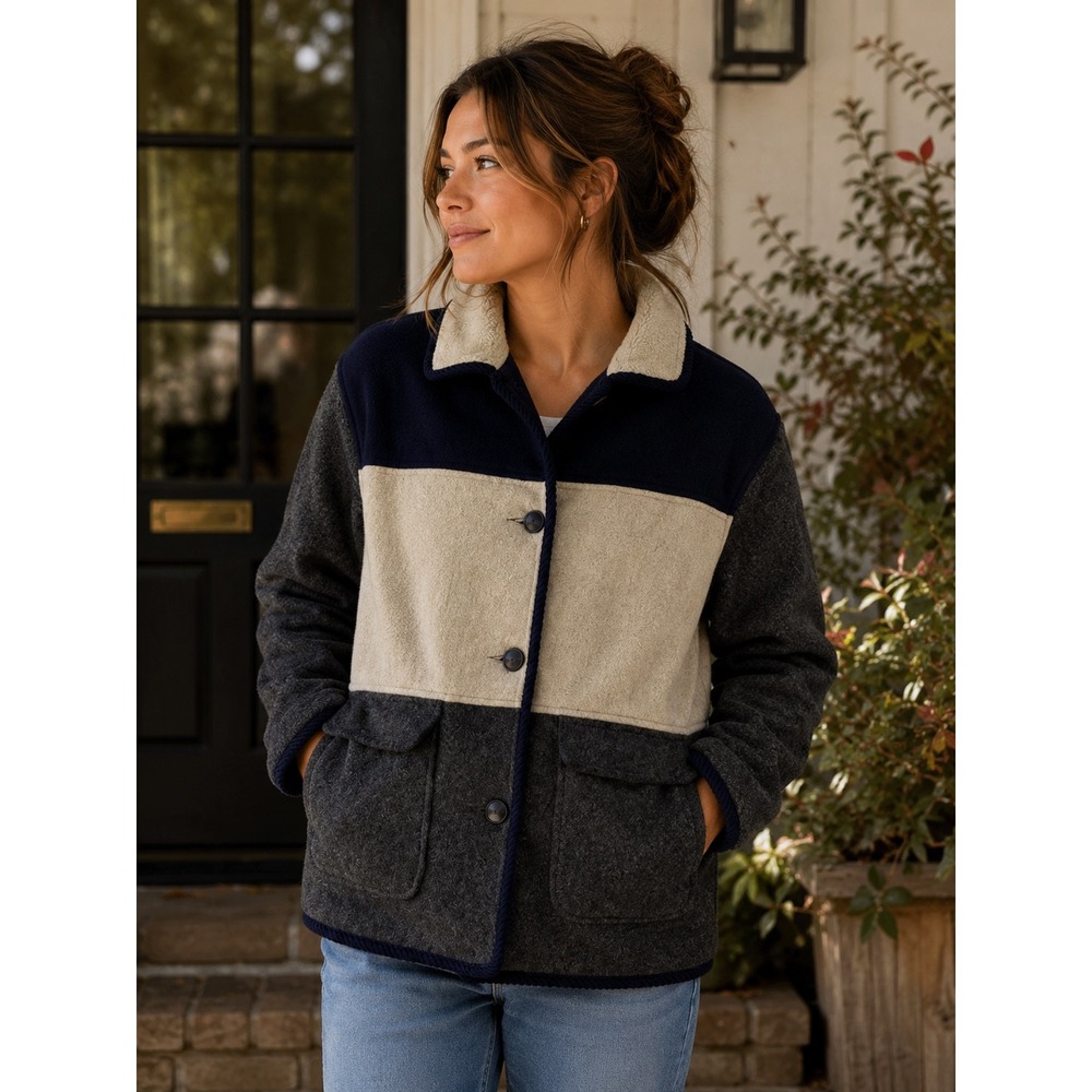 Herman Kay Vintage Women 12 Colorblock Wool Coat Sherpa Collar‎ Navy Grey Beige
